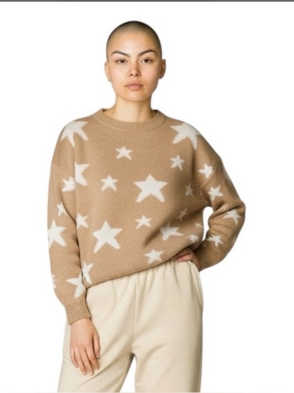 Love + Harmony Tan Pullover Long Sleeve Sweater with White Stars size Large